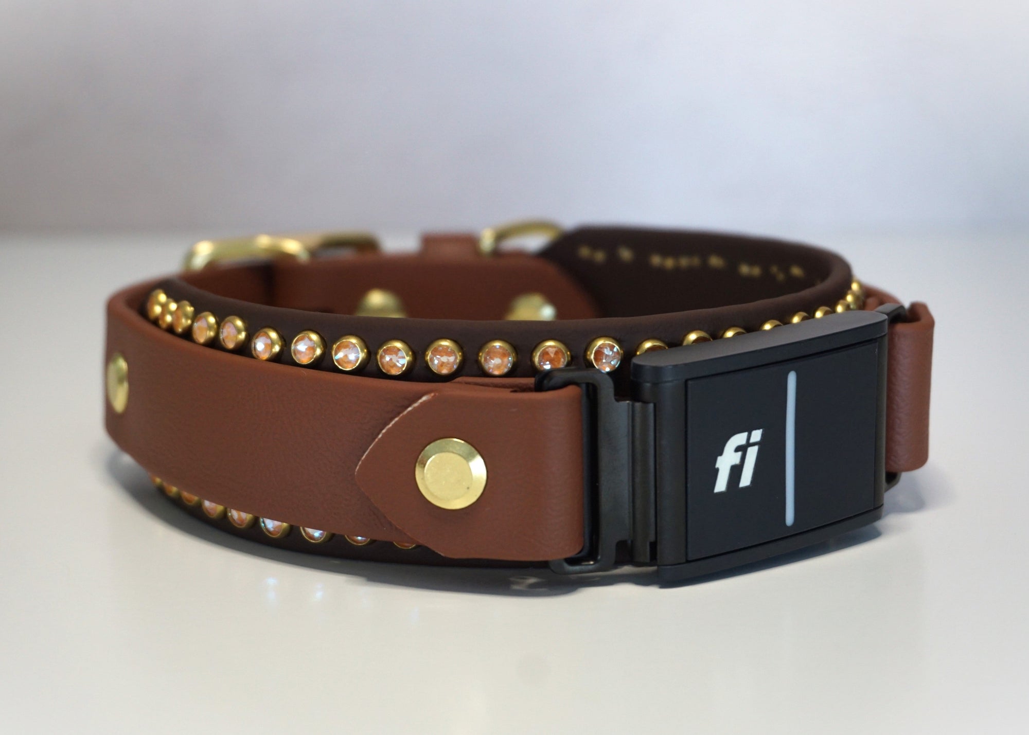 Fi compatible crystal studded Lennon collar in Chestnut and dark brown waterproof webbing with Peach Delight Swarovski crystals
