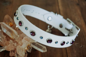 White Tala Collar with Amethyst and Aquamarine Swarovski Crystals